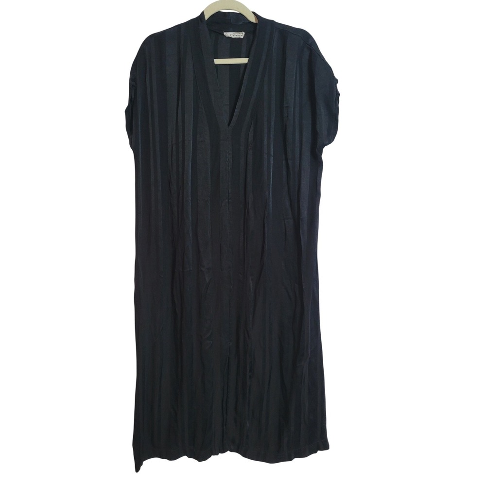 LACAUSA Black Striped V Neck Short Sleeve Midi Dress Size Small Rayon Resortwear